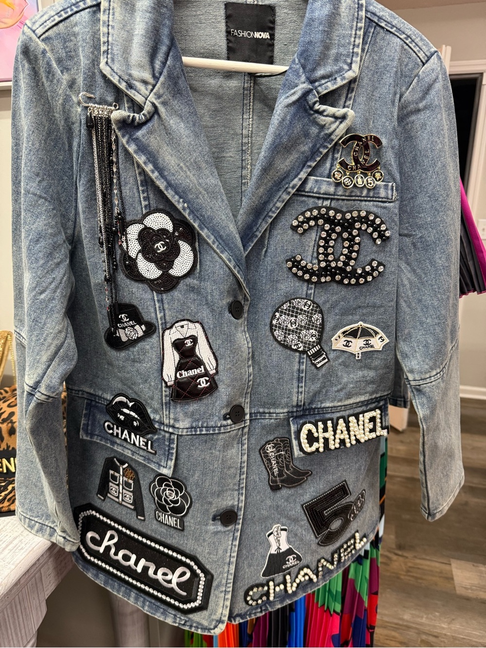 New Light Blue Denim Jacket with Black & White Embellished Patches